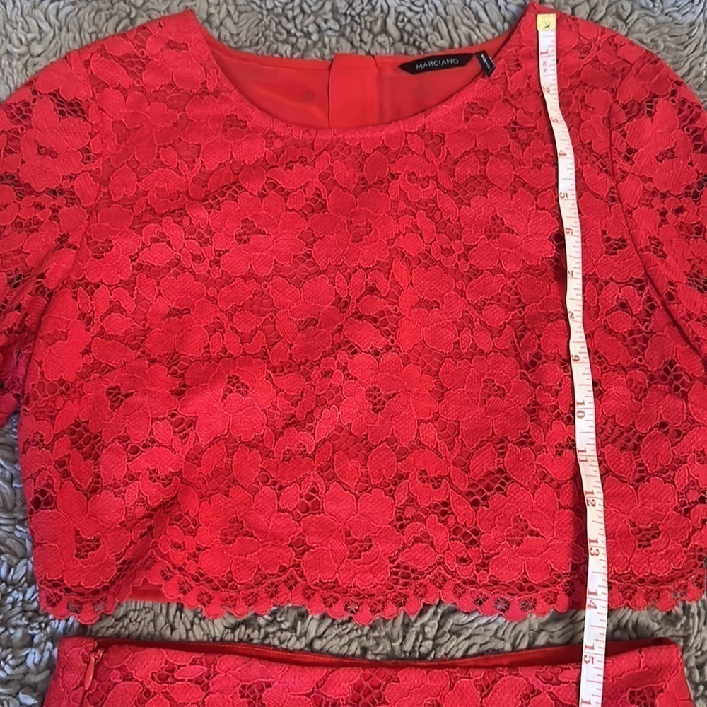Marciano Red Hot Rebelle Metallic Lace Piya Long Sleeve Crop Top + Skirt Set - Picture 13 of 16
